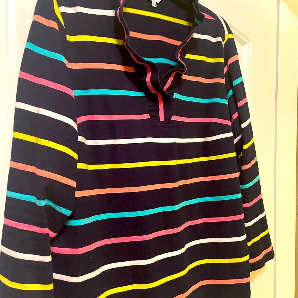 Crown & Ivy Ruffle Neck Striped Shirt. 3/4 sleeves